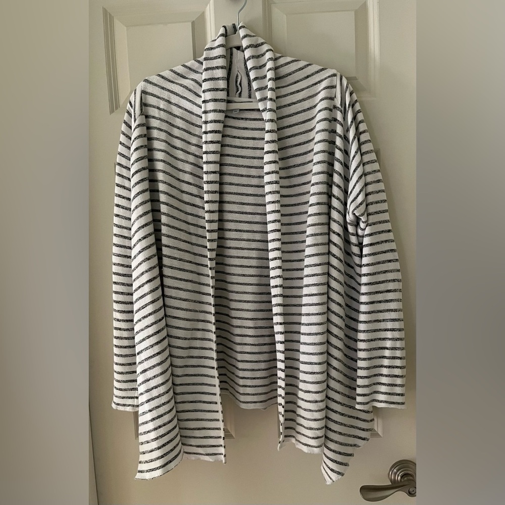 Olivia Sky charcoal black & white Stripes open Cardigan  Women Size L